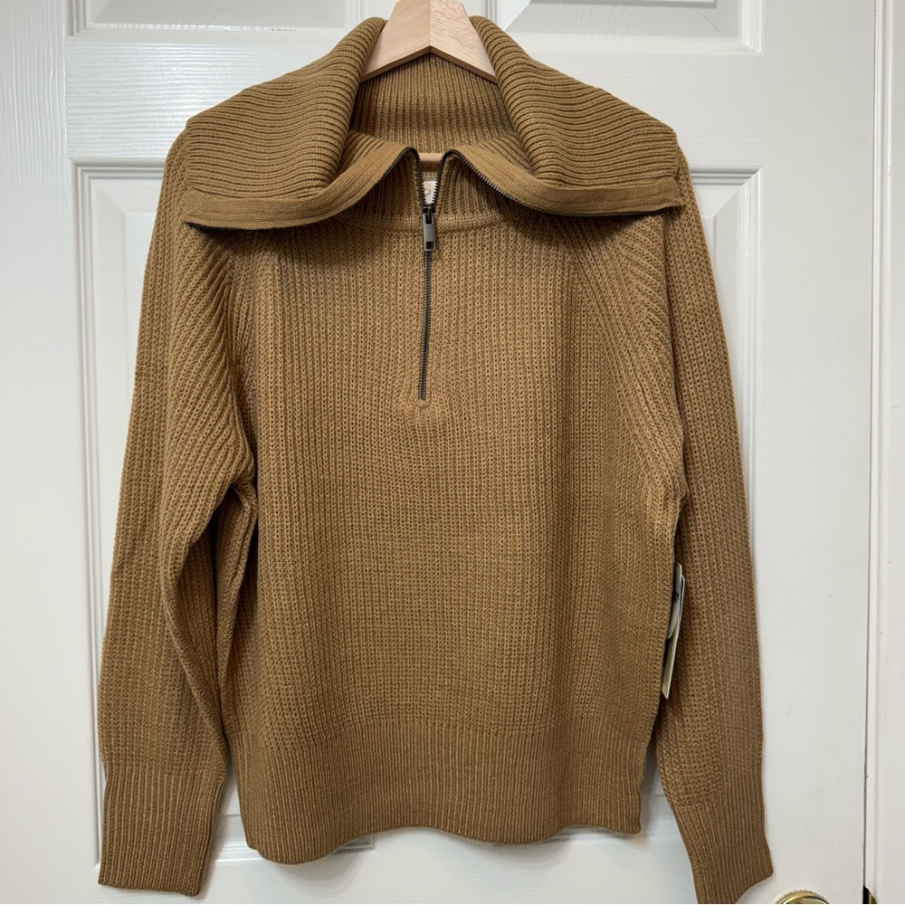 RD Style Camel Pullover Knit Sweater 1/4 Zip High Neck LongSleeve Women Large